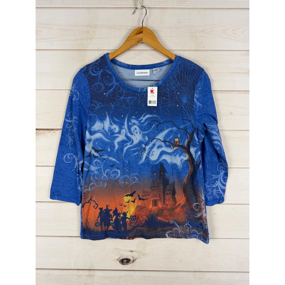 i.b.diffusion Top Womens S Halloween Graphic Blue Haunted House Rhinestone NEW